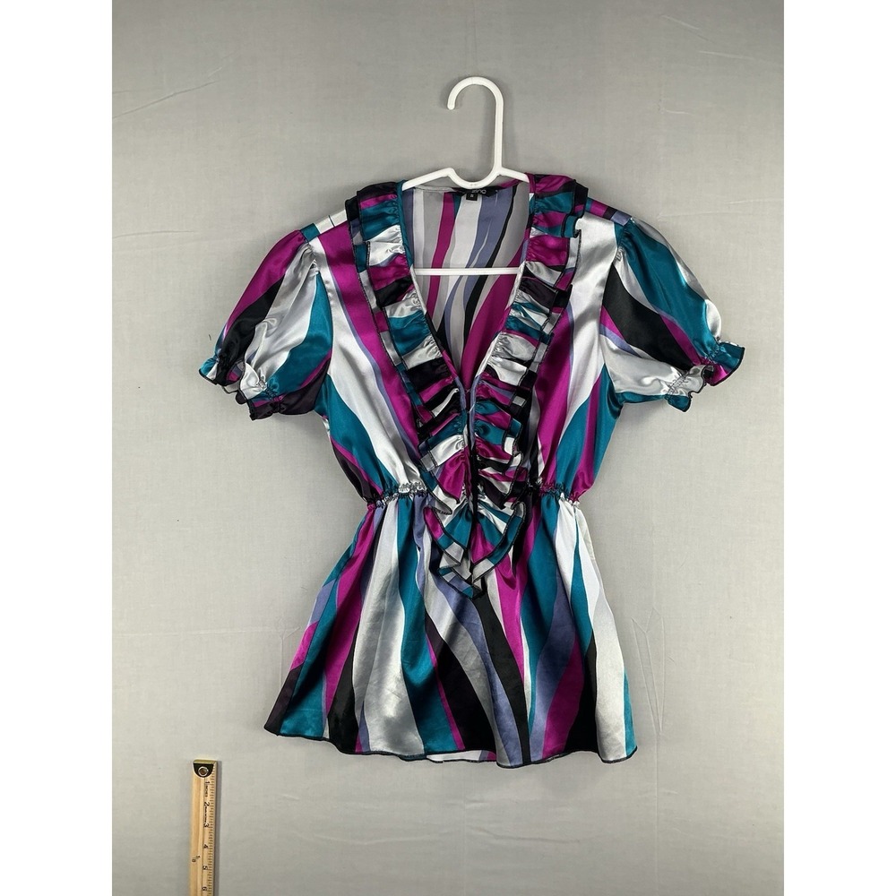 Zino Womens Small Blouse V-Neck Ruffle Short Sleeve Abstract Stripe Top